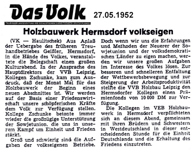 Zeitungsartikel "Das Volk" 27.05.1952